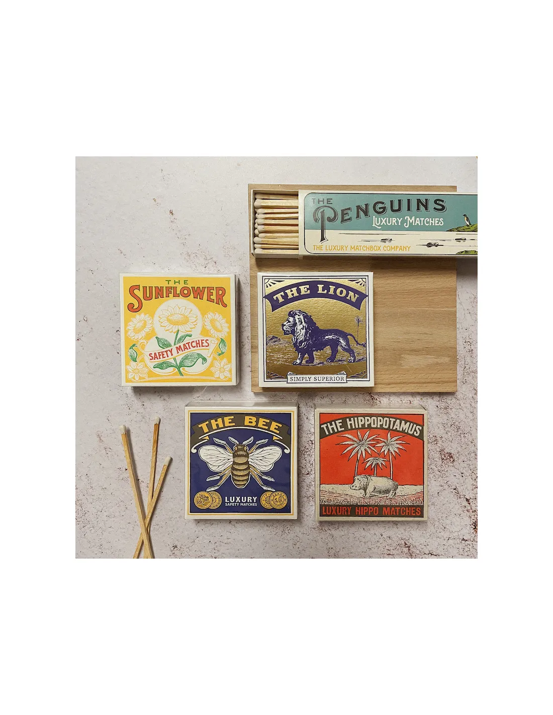 The Archivist 'The Penguins' Long Matchsticks – Yellow Decorative Box with White Tipped Matches 2 The Archivist 'The Penguins' Long Matchsticks – Yellow Decorative Box with White Tipped Matches – Image 2
