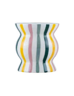 Que Rico Pot Ignacio - Rayas Bailarinas Hand-Painted Ceramic Vase - Blue, Yellow & Pink Striped Planter